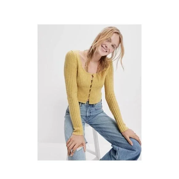 American Eagle Button-Front Cardigan Size Large Yellow Ribbed Cropped L - Picture 2 of 11
